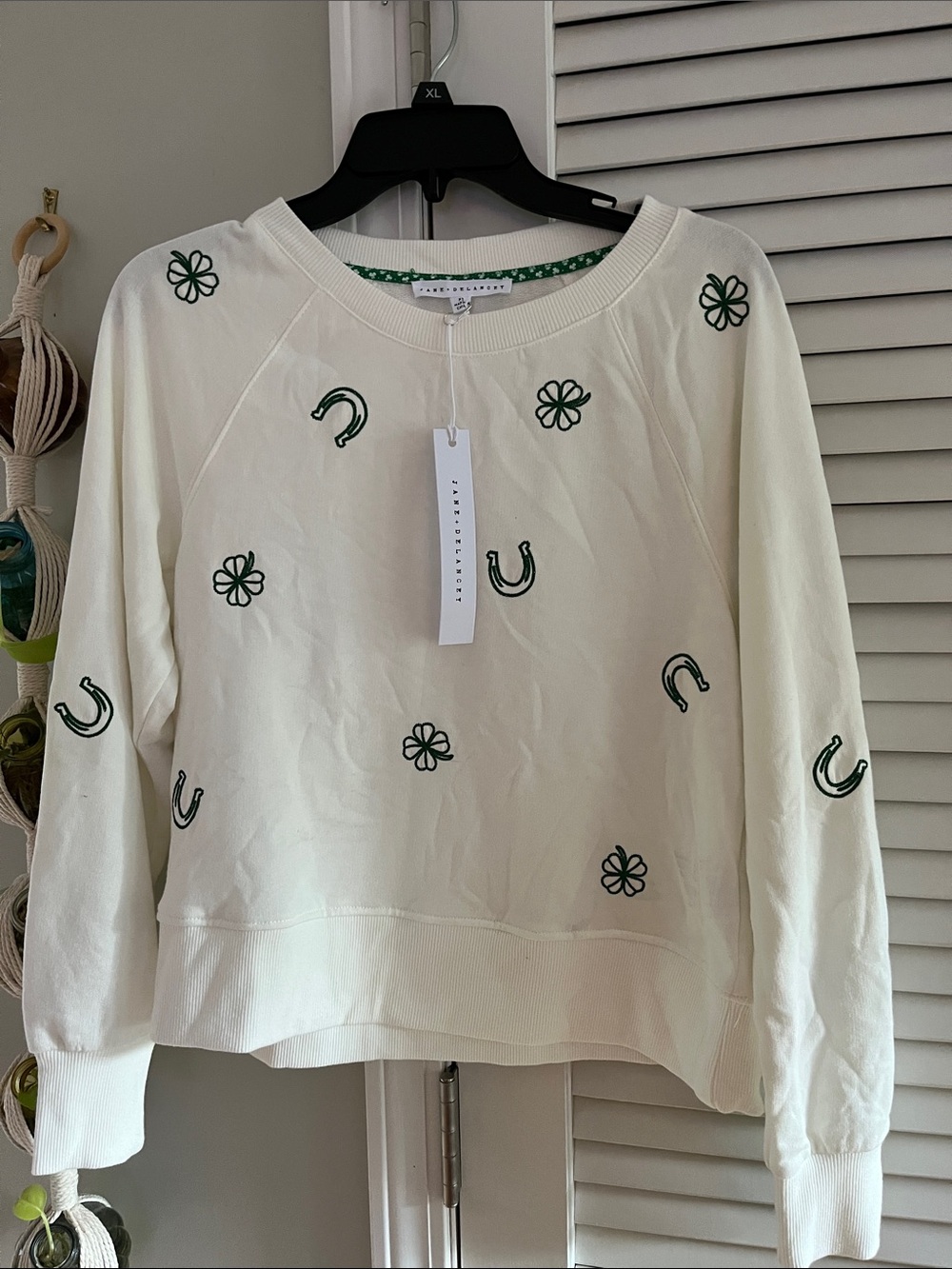 Jane and Delancey Cream Sweatshirt with Green Horseshoe & Clover Embroidery